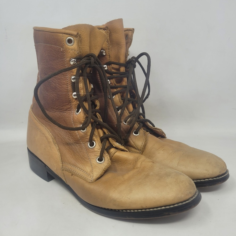 Vintage Justin Boots 6 Tan Leather Lace Up Roper Western Cowgirl Two Tone Rodeo